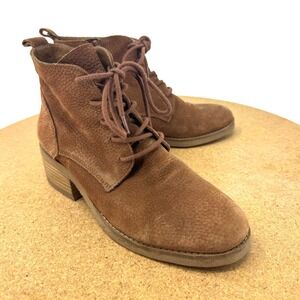 Lucky Brand Brown Suede Lace Up Ankle Boots Stacked Block Heel Side Zip Womens